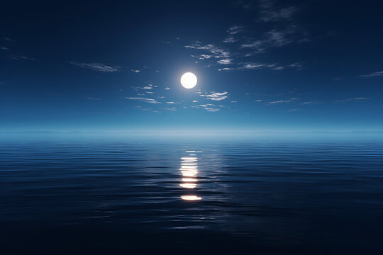 An awe-inspiring shot of a full moon rising over a calm ocean, casting a path of shimmering silver on the water's surface.