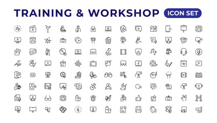 Training and workshop linear icons collection.Set of thin line web icon set, simple line icons collection, Pixel Perfect icons, Eadible vector illustration.