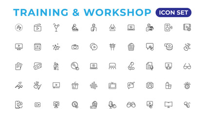 Fototapeta na wymiar Training and workshop linear icons collection.Set of thin line web icon set, simple line icons collection, Pixel Perfect icons, Eadible vector illustration.