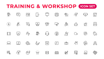 Training and workshop linear icons collection.Set of thin line web icon set, simple line icons collection, Pixel Perfect icons, Eadible vector illustration.