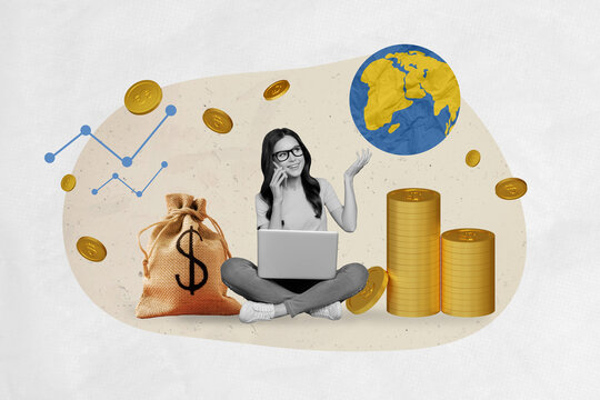 Creative collage of black white effect happy girl use netbook speak telephone planet earth globe pile stack money coins sack