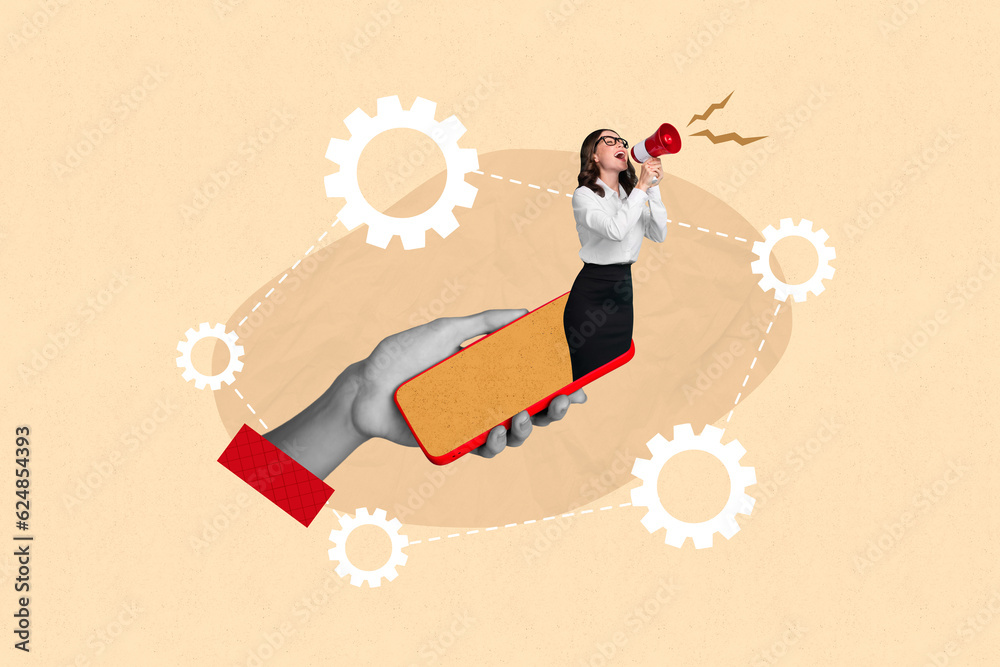 Poster 3d magazine collage image of excited lady screaming toa inviting distance remote team work isolated 