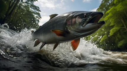 Obraz premium Salmon Swimming Upstream in Rushing River - AI Generative