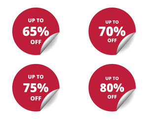 65% off, 70, 75, 80 percent round sticker sign. circle sticker banner set, badge symbol vector illustration