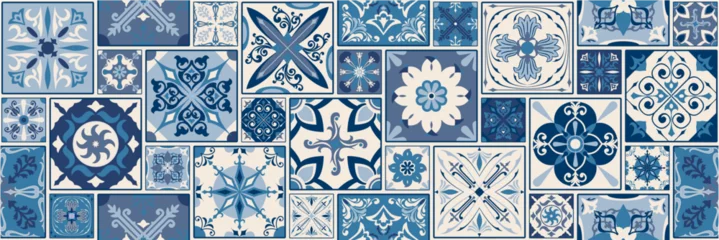 Gordijnen Traditional ornate Portuguese decorative tiles, azulejos. Abstract background. Vector hand drawn illustration, typical Portuguese tiles, Ceramic tiles. Seamless pattern. © andrei