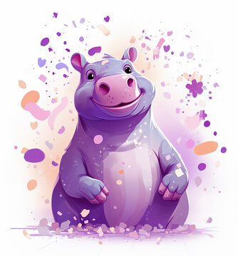 cute cartoon hippo with confetti sprinkles, a low poly illustration, adorable character, mascot, concept, digital art