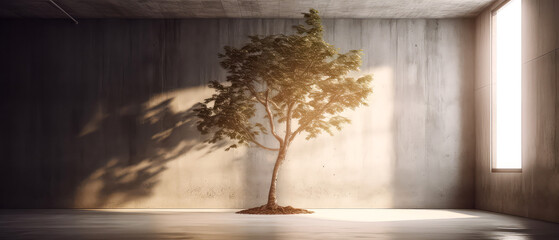  Empty concrete room, apartment with rising tree inside.Overlay shadow light effect.biophilic design. Vacation, relax, wellness spa resort, hotel background.Loft Interior mockup,template.Generative ai