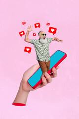 Magazine collage image of carefree funny mature guy getting instagram twitter telegram facebook...