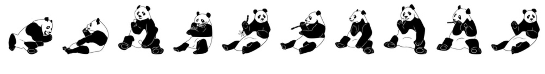 Set of vector hand drawn  cute sitting panda bear illustrations.  Collection black and white icons  panda with a lot of variation