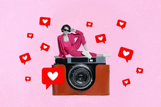 Composite collage picture image of successful blogger cool girl pink costume photographer camera social media smm manager businesswoman