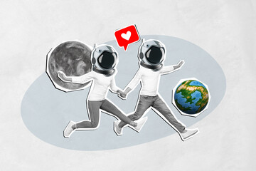 Composite collage image of running couple holding hands cosmos travel moon planet earth cosmic love celebrate anniversary valentine day