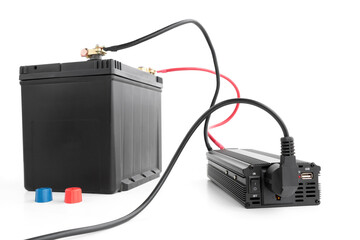 Power inverter connected to a car battery, backup power, 12v DC to AC converter 110v or 220v, cut out on isolated white