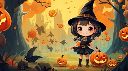 Cute witch cartoon character in the spooky forest. Kids baby and children illustration book drawing background. Generative AI