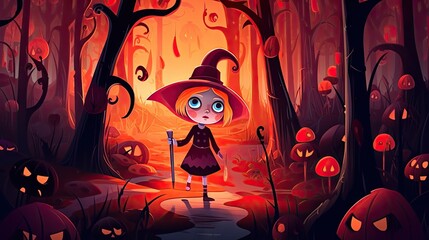 Cute witch cartoon character in the spooky forest. Kids baby and children illustration book drawing background. Generative AI