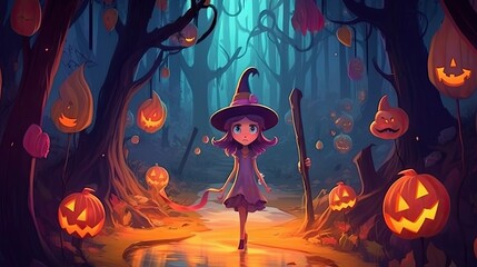 Cute witch cartoon character in the spooky forest. Kids baby and children illustration book drawing background. Generative AI