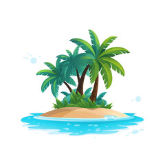 Flat 2D illustration of a small tropical island in the middle of the ocean isolated on white background. Surrounded by clear ocean. The island is overgrown with shrubs and trees such as coconut trees.