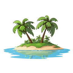Fototapeta na wymiar Flat 2D illustration of a small tropical island in the middle of the ocean isolated on white background. Surrounded by clear ocean. The island is overgrown with shrubs and trees such as coconut trees.