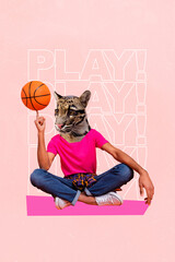 Picture image collage artwork of weird unusual creature animal face sitting hold ball training...