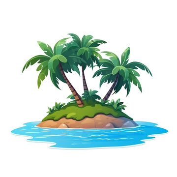 Flat 2D illustration of a small tropical island in the middle of the ocean isolated on white background. Surrounded by clear ocean. The island is overgrown with shrubs and trees such as coconut trees.