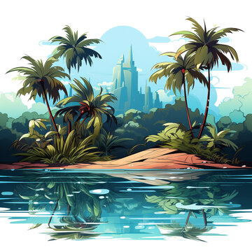 Flat 2D illustration of a small tropical island in the middle of the ocean isolated on white background. Surrounded by clear ocean. The island is overgrown with shrubs and trees such as coconut trees.