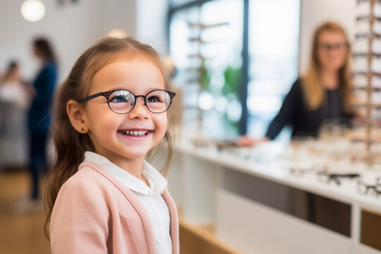 A young girl trying new glasses in an optician