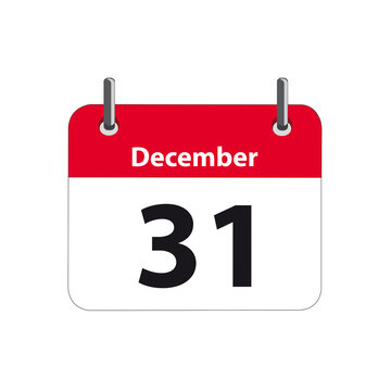 Una página de calendario con la fecha 31 de Diciembre sobre un fondo blanco liso y aislado. Vista de frente y de cerca. Copy space