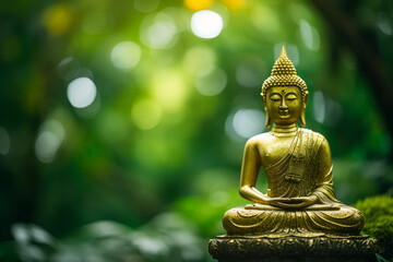 Golden buddha figurine with tropical green forest in bokeh in the background. Generative AI