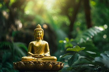 Golden buddha figurine with tropical green forest in bokeh in the background. Generative AI