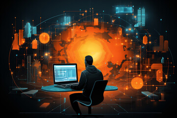 Market trader working a desk with monitors, trading, business stock, info graphic shown on monitor display screen, office light crystal background. AI Generative