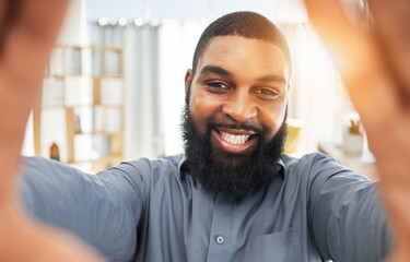 Obraz premium Smile, face and selfie of a black man as a business or influencer person at work. Portrait of an African guy or entrepreneur with job satisfaction and pride for social media profile picture or update