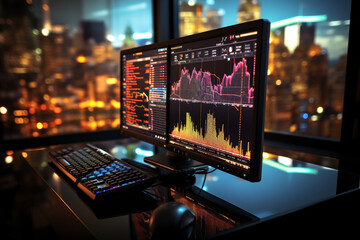 Business stock market, trading, info graphic shown on monitor display screen, office light crystal background. AI Generative
