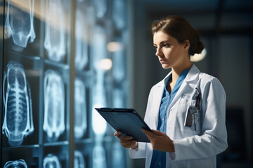 Young professional female doctor looking at a x-ray