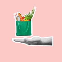 Contemporary collage of human hand holding  small shopping basket