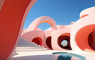 A minimalistic beautiful vivid colors neo fauvist architecture with arcs.
