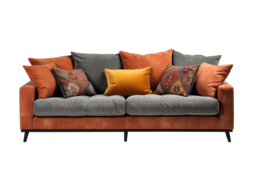 Modern sofa with pillows isolated on transparent background.for decorative at home modern interior design.generative ai