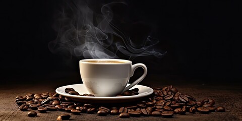 White Coffee Cup on Black Table with Coffee Beans. Closeup Background with Copy Space
