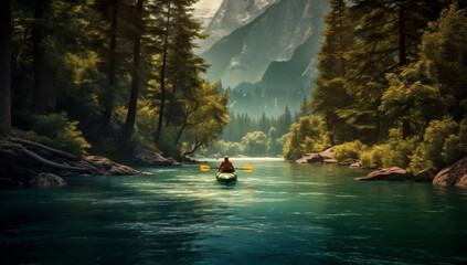 landscape boat person river water nature scenic outdoors lake travel. Generative AI.