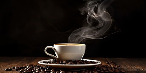 Fototapeta premium White Coffee Cup on Black Table with Coffee Beans. Closeup Background with Copy Space