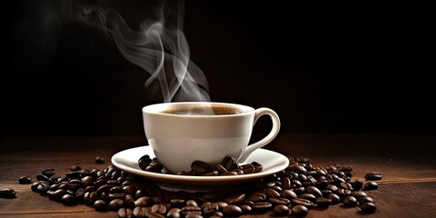 White Coffee Cup on Black Table with Coffee Beans. Closeup Background with Copy Space