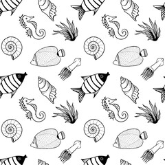 Seamless pattern with fishes, algae, seahorse and shells. Black and white hand drawn vector illustration. Seamless background. Wallpaper design. Fabric design. Simple vector pattern with cute fishes.