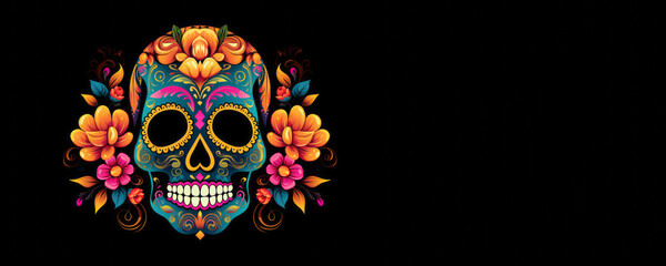 Colorful sugar skull banner with black background