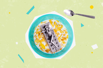 Photo cartoon comics sketch collage picture of sexy slim lady floating cereal plate stack isolated green color background