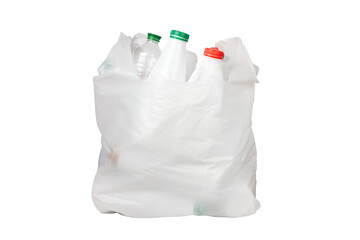 Plastic trash. Isolate on a white background. Plastic waste. Plastic bag with plastic bottles. 