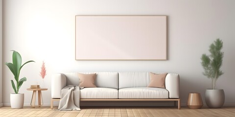 Blank horizontal poster frame mock up in minimal white style living room interior, modern living room interior background