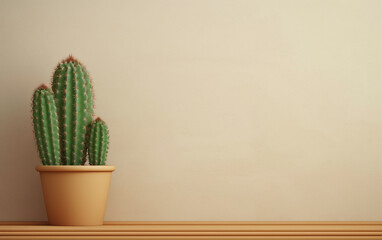 Cactus on a shelf by a blank wall background