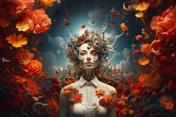 Obraz premium Woman with creative mind, exploding brain full of ideas and imagination, dreams and emotion, inner world and spirituality, generative AI