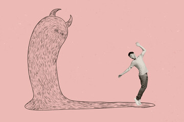 Collage portrait of impressed scared mini black white effect guy balancing huge painted monster...