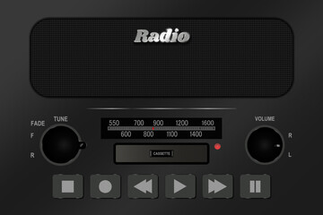 Front View of a Radio Cassette Speaker with multimedia buttons and volume knobs. AM FM Meter Vector Illustration. EPS 10.