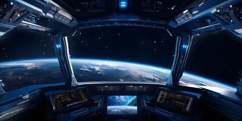 Cockpit of spaceship with moon and planets. Outerspace astronaut mothership. Planet horizon