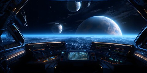 Cockpit of spaceship with moon and planets. Outerspace astronaut mothership. Planet horizon